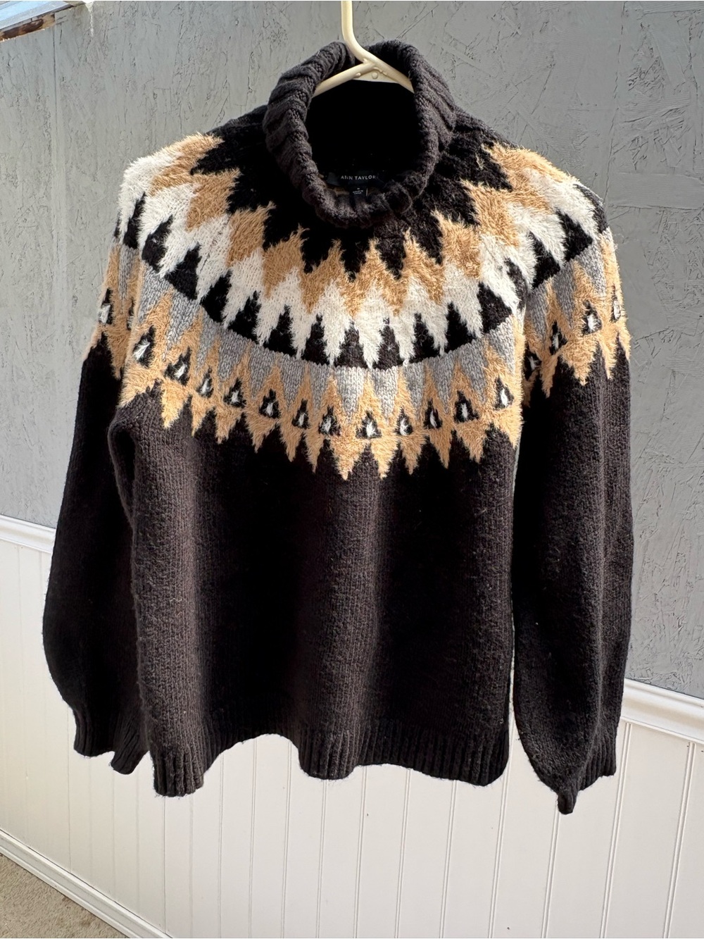 Ann Taylor Black Turtleneck Sweater with Cream, Tan and Gray Fair Isle Yoke